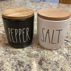 Rae Dunn Salt & Pepper Cellars/Jars With Wooden Sealed Lids. Black/White . GUC